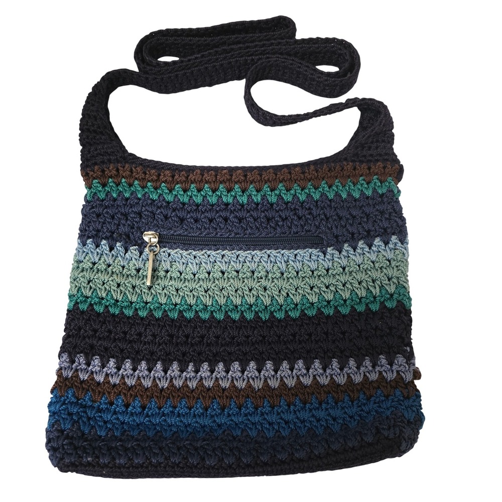 Vintage Y2K The Sak Crochet Crossbody Bag Navy Teal Striped Boho Shoulder Purse